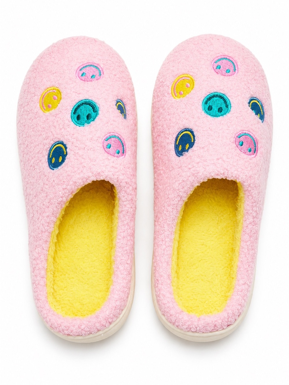 Women’s Pink Smiley Embroidered Fuzzy indoor Slippers NWT sz MED 7-8